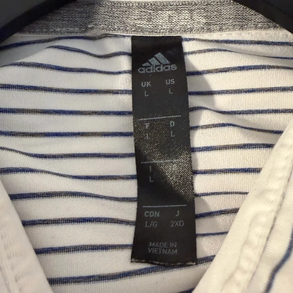 adidas White Polo with Thin Navy Stripes size large